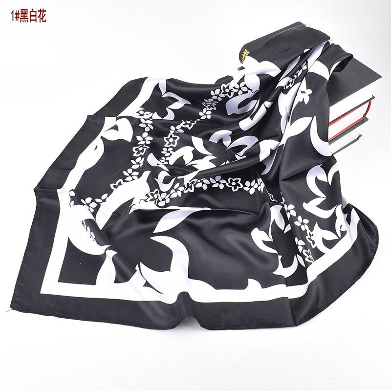Autumn and winter new scarf black and white simple printing light luxury silk scarf 90cm satin high-end square scarf