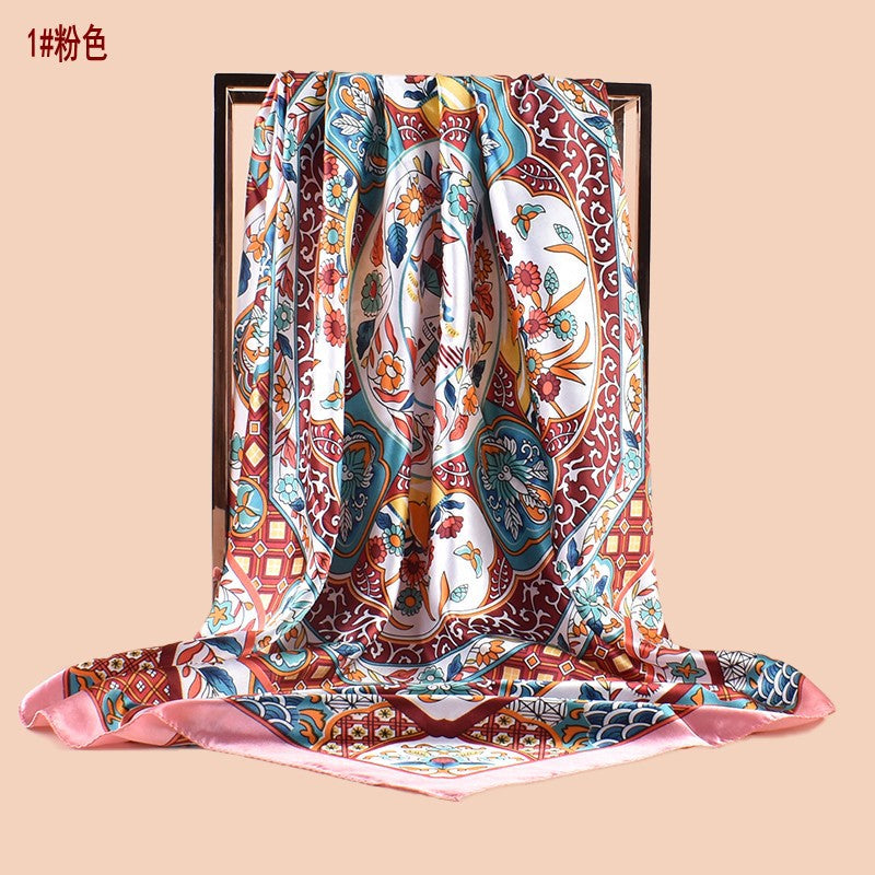 Spring new fashion big shawl simulation silk plant flower printing silk scarf head scarf 90 color square scarf