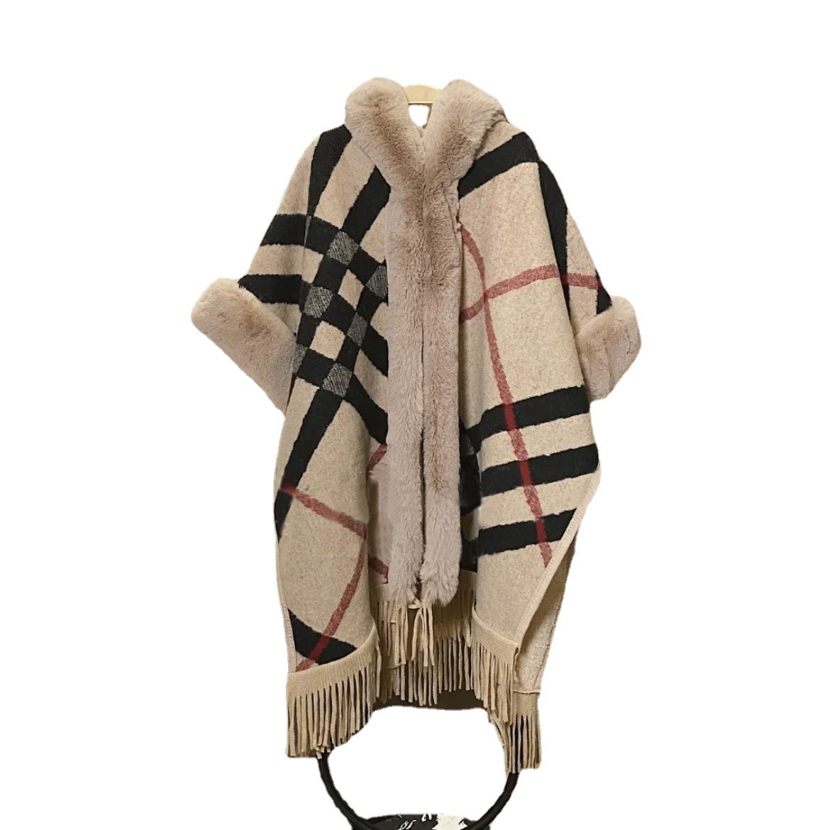 Autumn and winter temperament plaid plush thickened fur collar knitted shawl cape women's woolen coat 0862 #