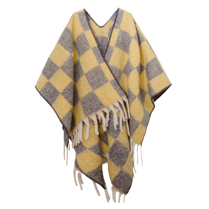 New European, American autumn and winter circle yarn imitation mohair thickened jacquard checkered cross shawl