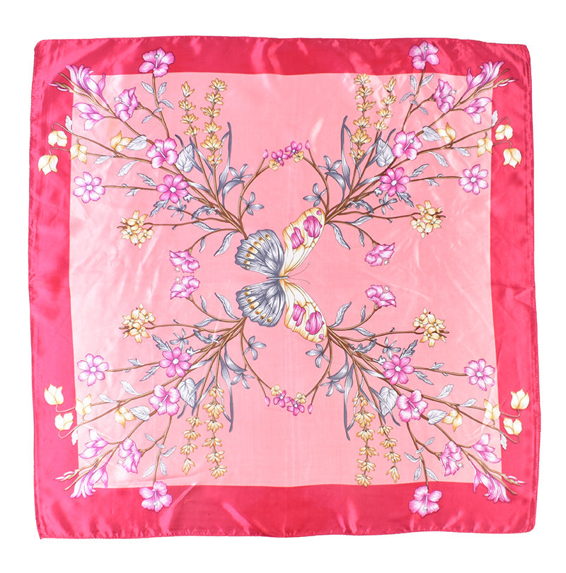 Spring and summer new fashion retro flower butterfly print satin square scarf silk scarf simulation silk circumference