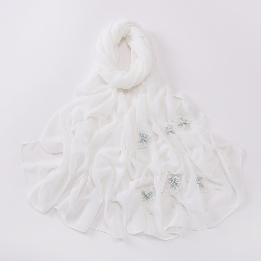 Pearl chiffon three-dimensional butterfly flower bead scarf gauze Malaysian headscarf