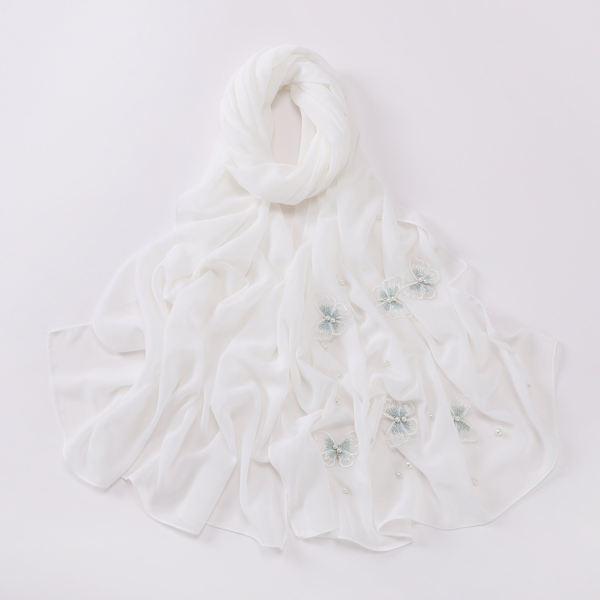 Pearl chiffon three-dimensional butterfly flower bead scarf gauze Malaysian headscarf