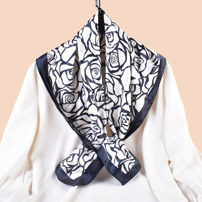 Spring and summer retro rose versatile decorative scarf silk scarf printed 90cm high-quality satin large square scarf scarf