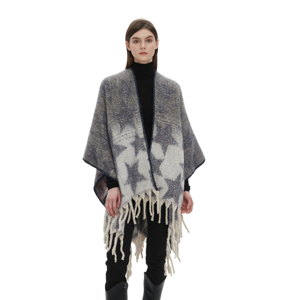 2025 new European and American autumn and winter imitation mohair double-sided thickened jacquard five-pointed star cross shawl