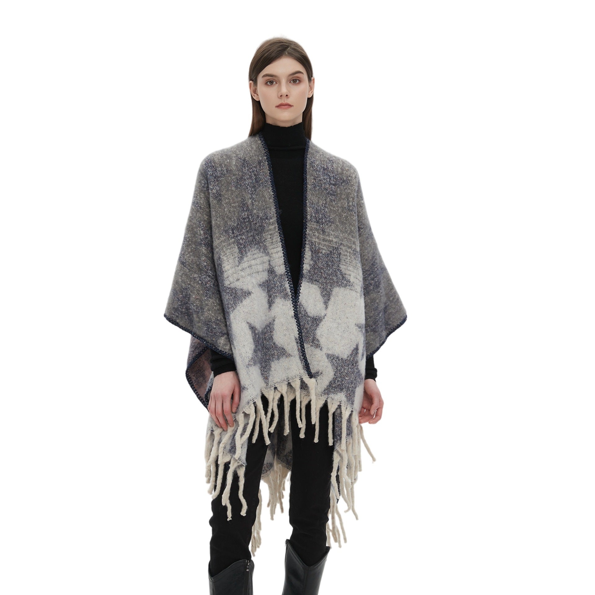 2025 new European and American autumn and winter imitation mohair double-sided thickened jacquard five-pointed star cross shawl