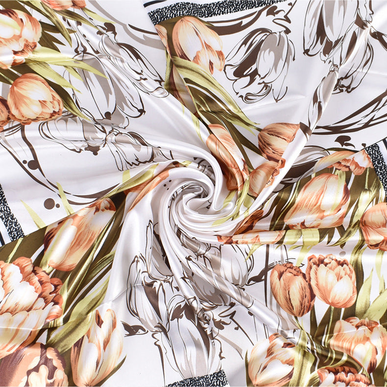 Summer new fashion versatile tulip bouquet print 90-color square scarf silk scarf headscarf