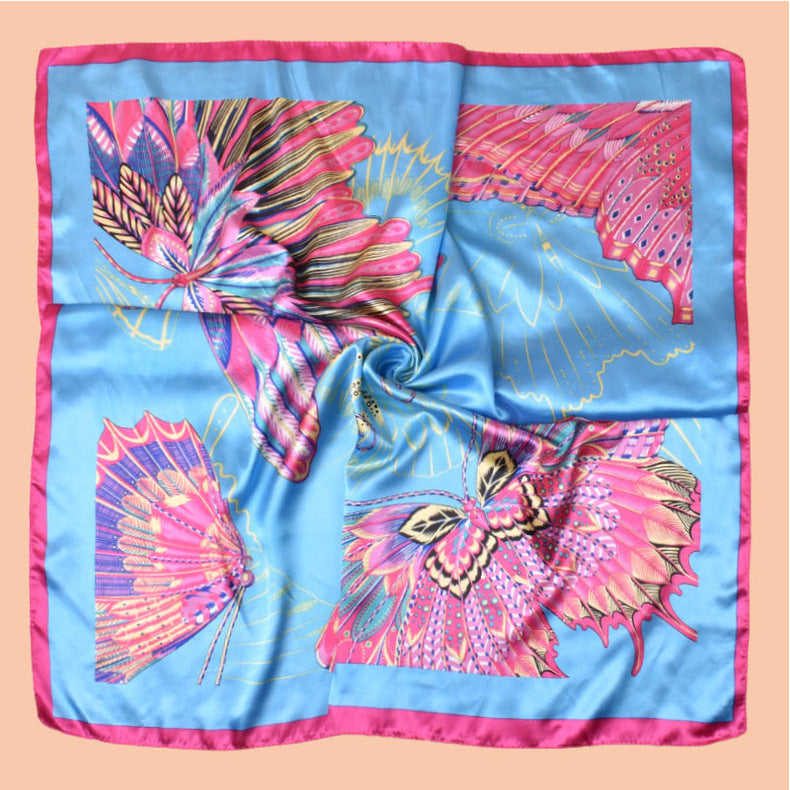 2025 new 90-color simple and elegant butterfly printing square scarf with sunscreen, silk scarf decoration, scarf