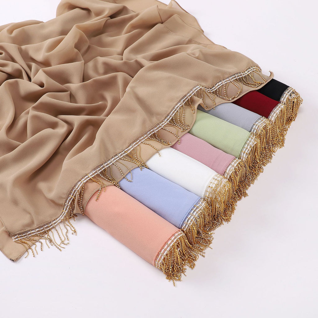 Pearl chiffon high quality diamond tassel long scarf yarn Middle East Africa headscarf hijab