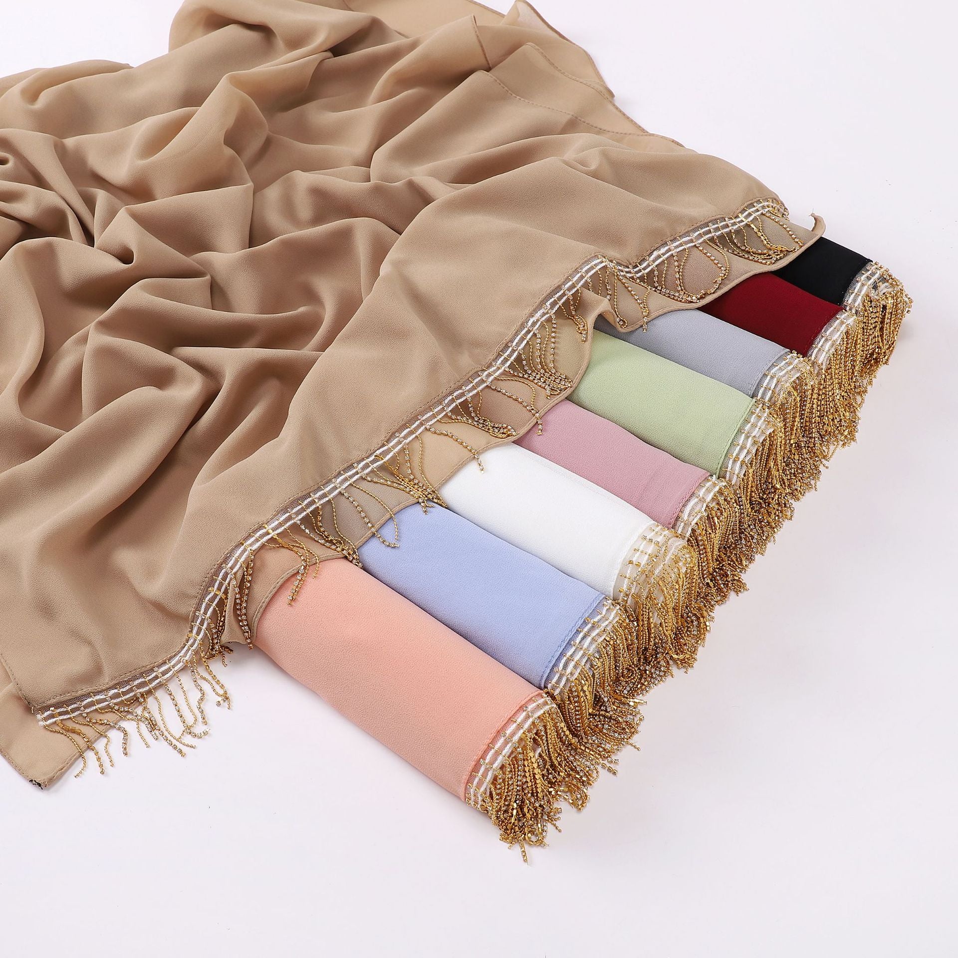 Pearl chiffon high quality diamond tassel long scarf yarn Middle East Africa headscarf hijab