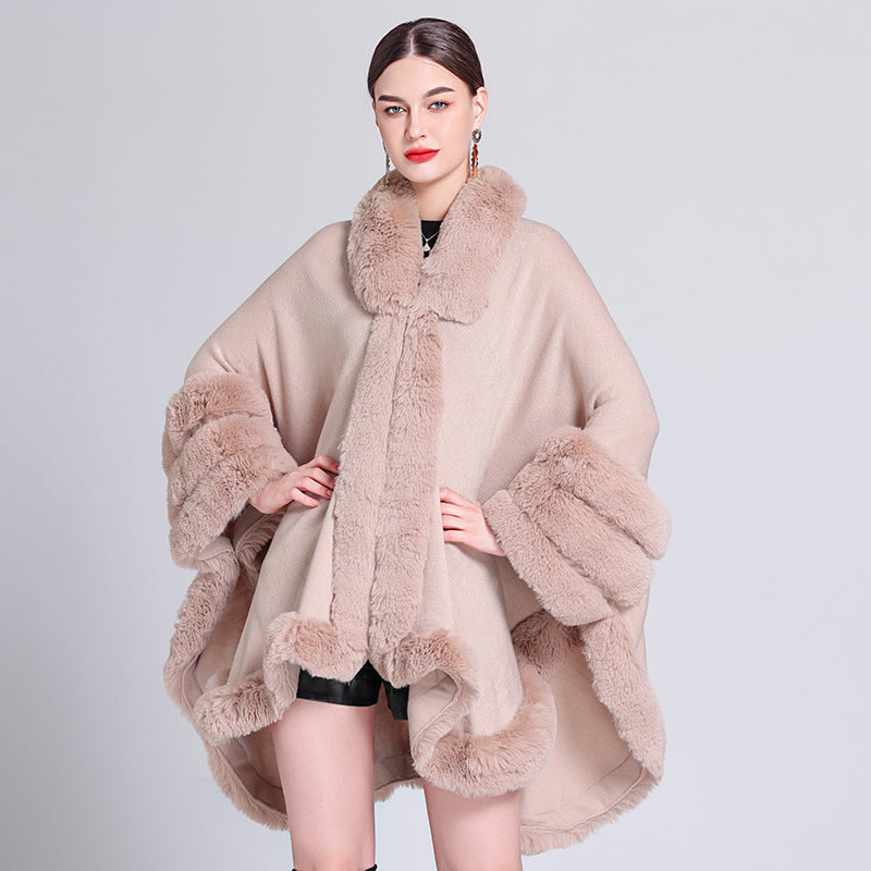 European and American autumn and winter new knitted fur collar loose cape shawl cape with medium and long imitation fur coat women