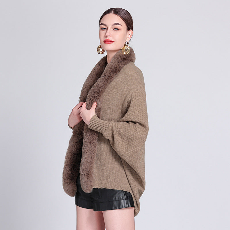 Autumn and winter new fashion loose fur collar bat sleeve knitted cardigan shawl with cape jacket women 1226