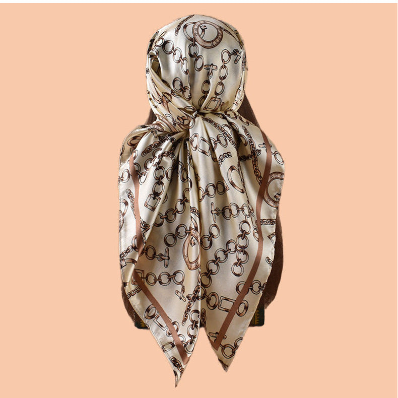 New 90-satin retro round chain printed square scarf with sunscreen bag head silk scarf decorative scarf