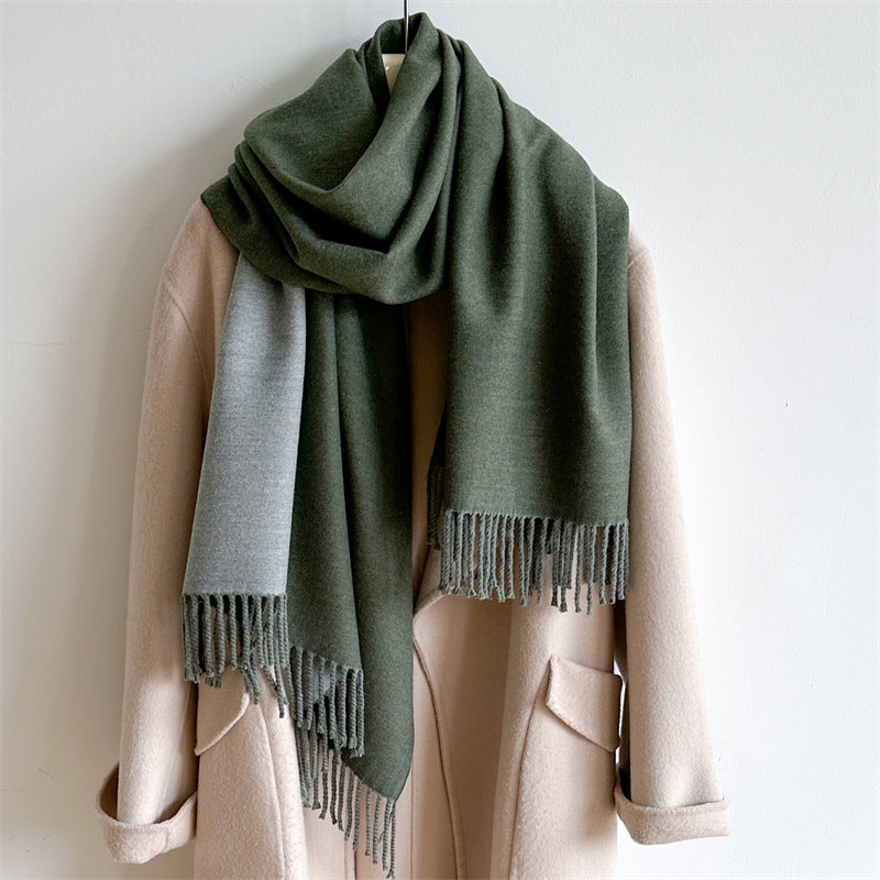 Simple solid color imitation cashmere scarf men's and women's winter thickened warm double-sided two-color versatile fringed shawl core-spun yarn