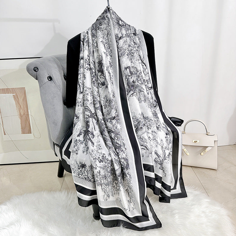 Fashion thin travel photography with long scarves, Japanese and Korean retro niche plant flower printing silk scarves