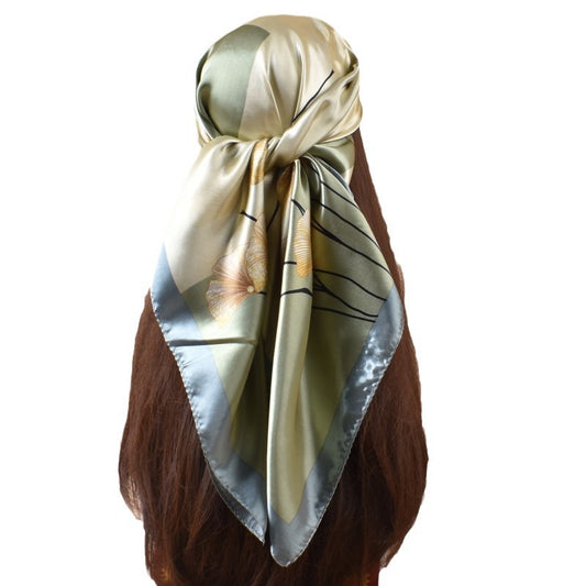 New 90cm-satin ginkgo biloba leaf printing square scarf with sunscreen, head silk scarf decoration, scarf
