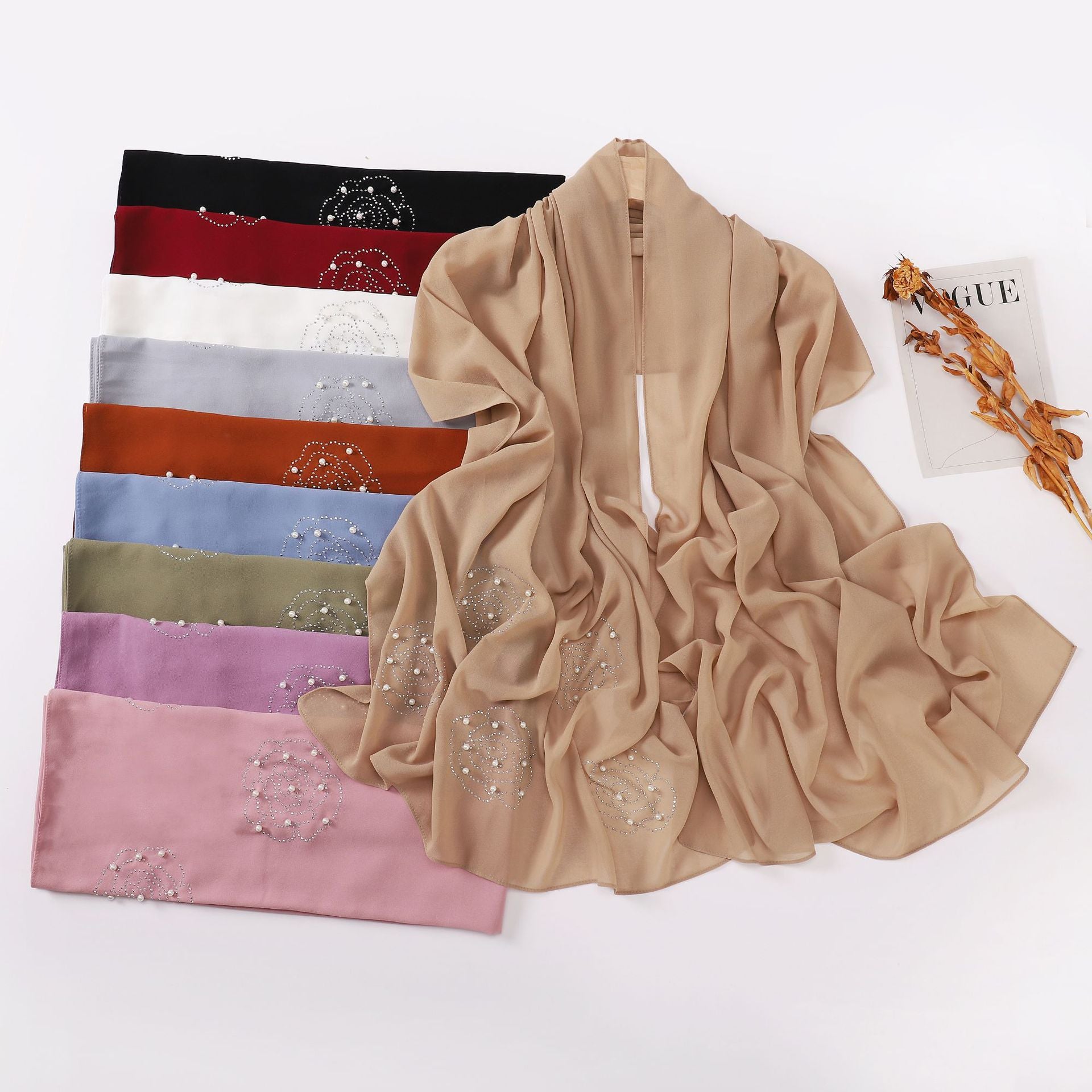 New big rose hot diamond beads pearl chiffon long scarf Middle East and Africa headscarf