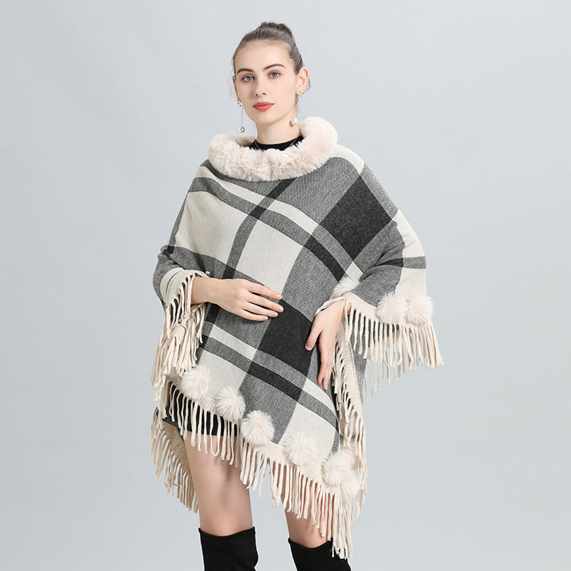 European and American autumn and winter new imitation fur collar round neck plaid hairball pullover knitted sweater cape shawl jacket women 0972 #