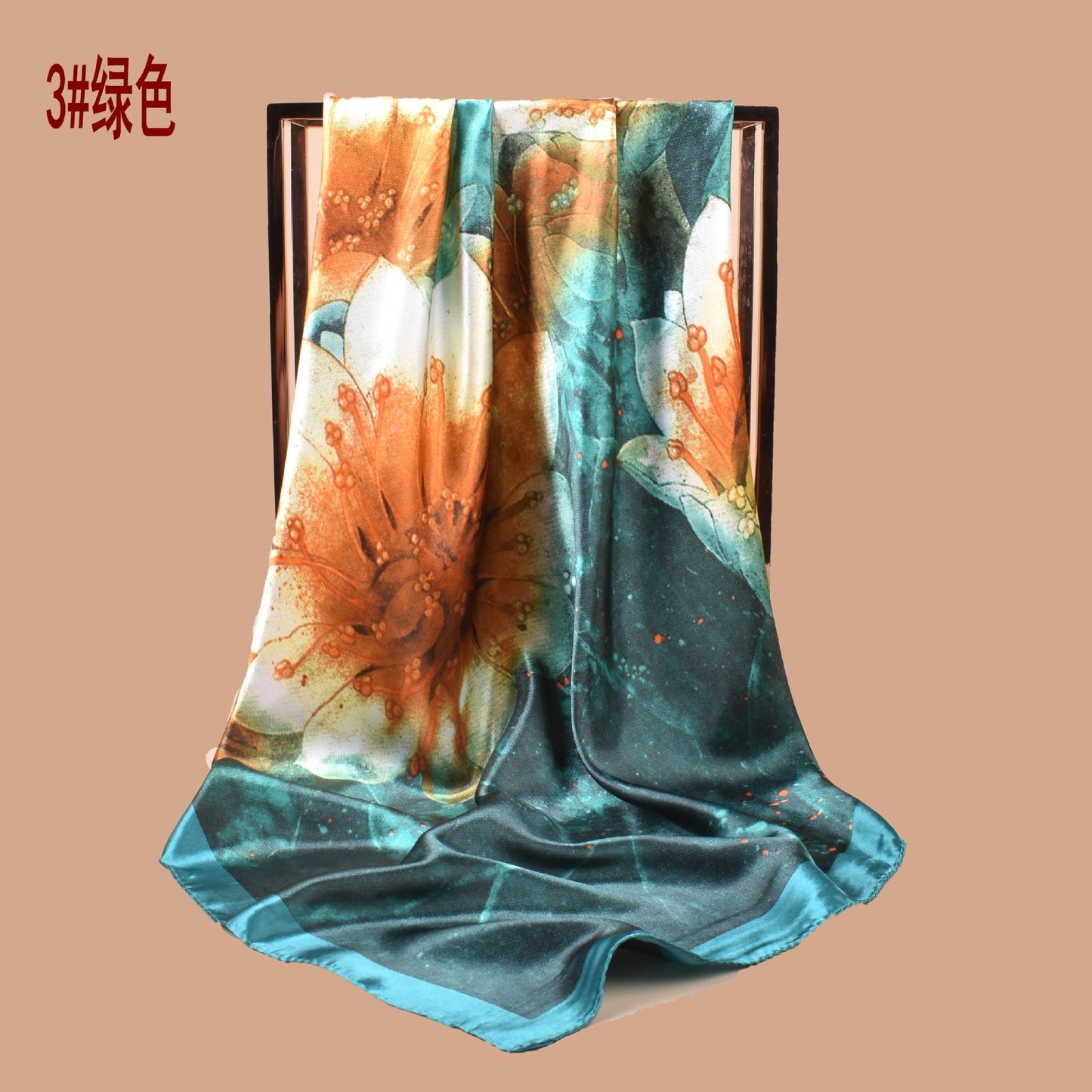 New 90cm satin, flower printed large square scarf with sunscreen, head silk scarf decoration, scarf.