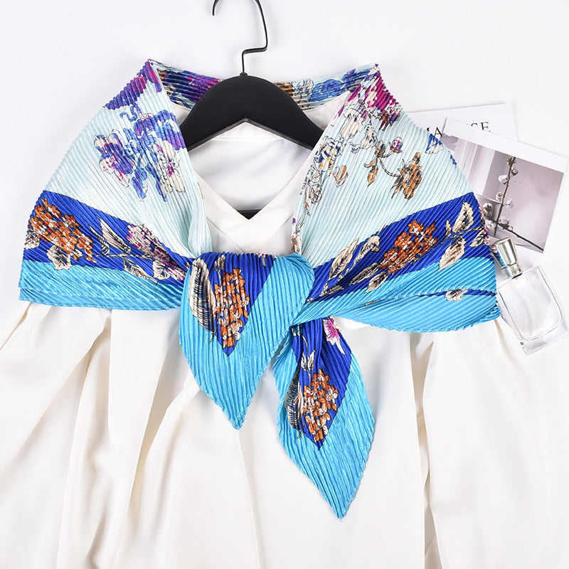 Summer new fashion retro flower pleated 90 satin large square scarf silk scarf imitation silk scarf