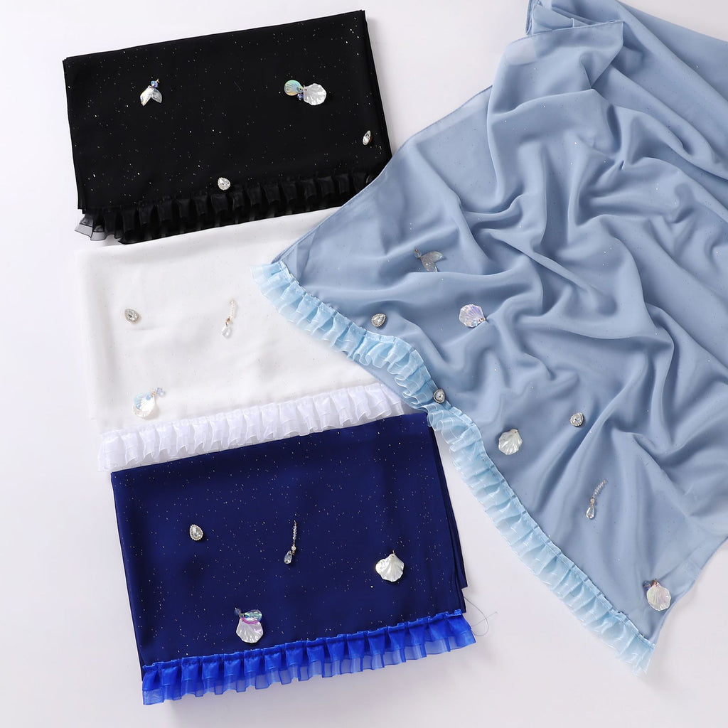 sprinkled gold pearl chiffon shell mermaid scarf single head lace headscarf