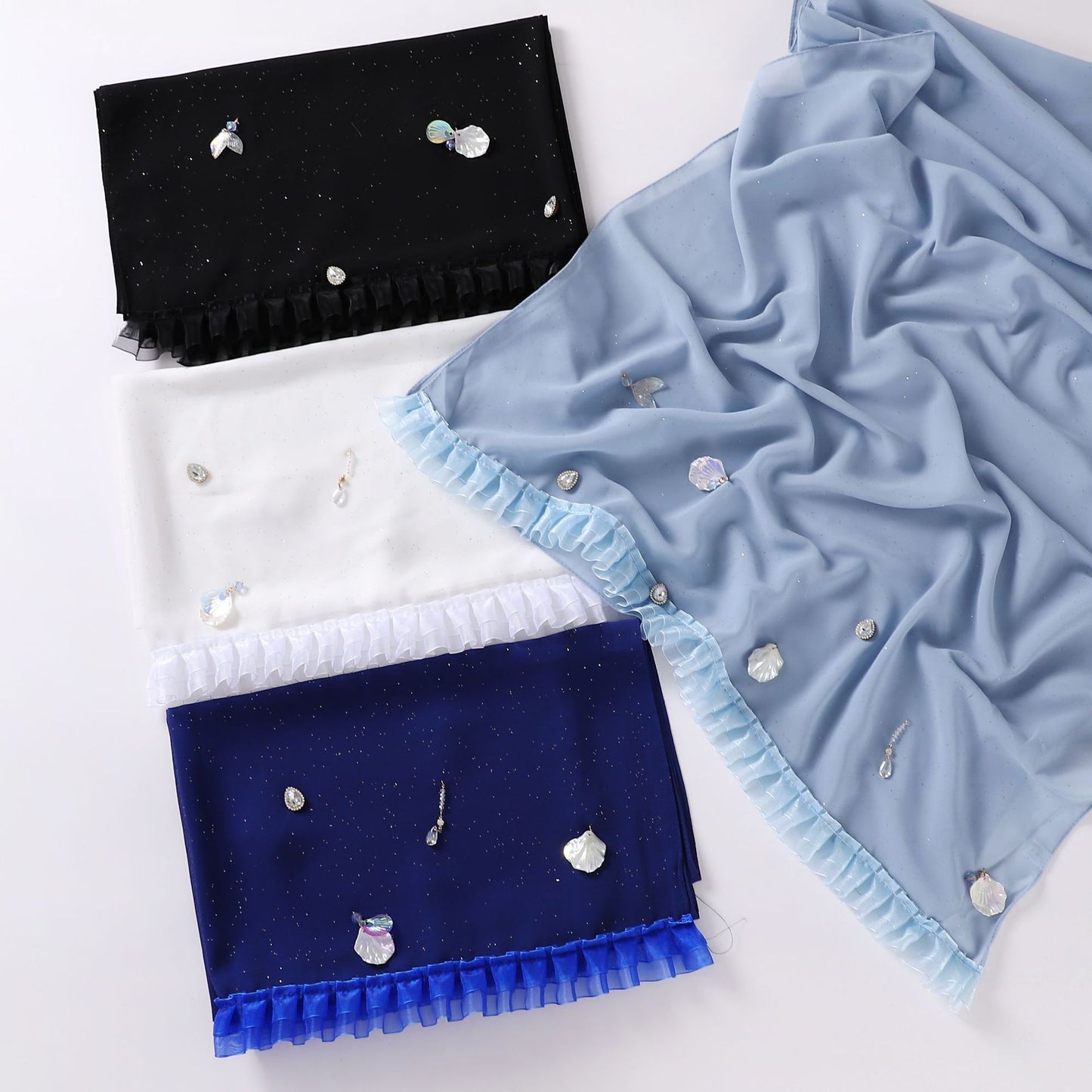 sprinkled gold pearl chiffon shell mermaid scarf single head lace headscarf