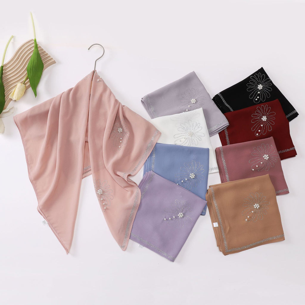 new pearl chiffon chrysanthemum hot diamond bead square scarf yarn headscarf