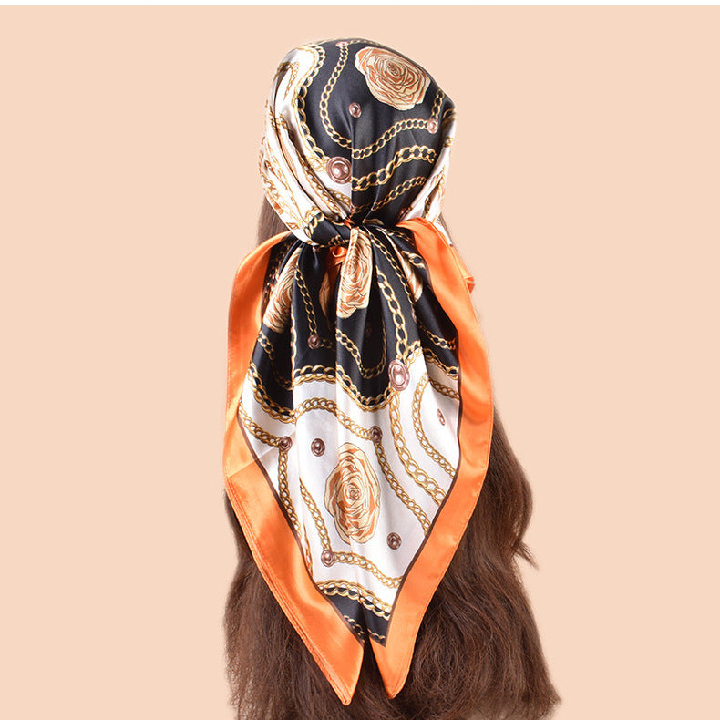Spring and summer scarf chain flower printing versatile decorative scarf headscarf silk scarf 90 high-quality satin square scarf