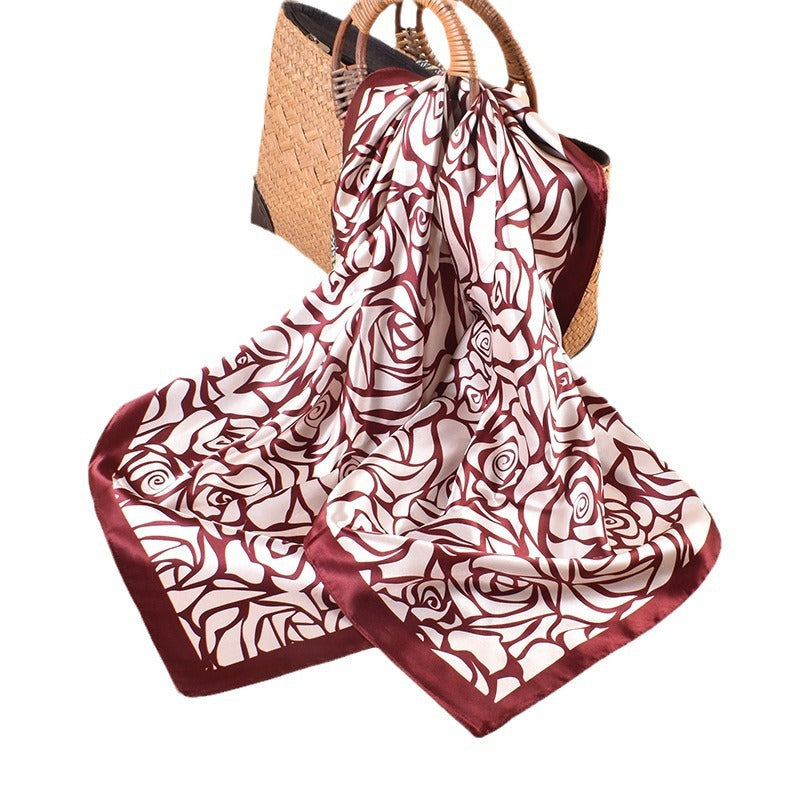 Spring and summer retro rose versatile decorative scarf silk scarf printed 90cm high-quality satin large square scarf scarf