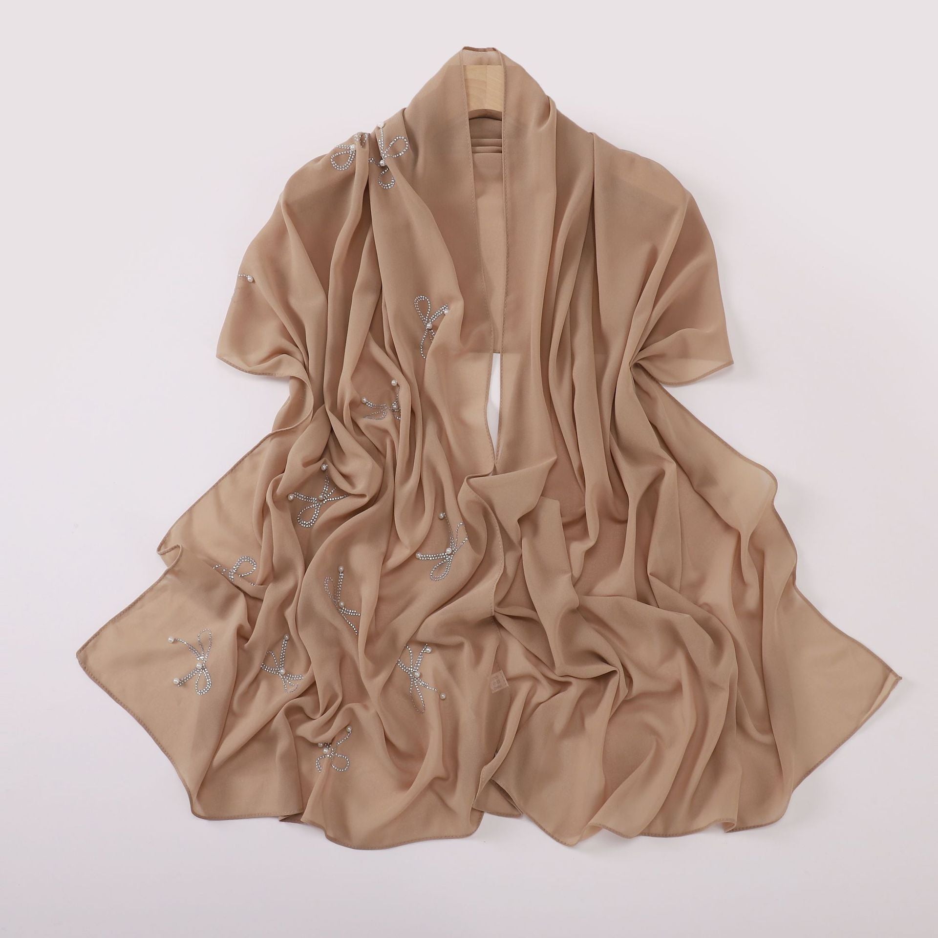 New pearl chiffon bow hot diamond beads long towel yarn towel small fresh headscarf women