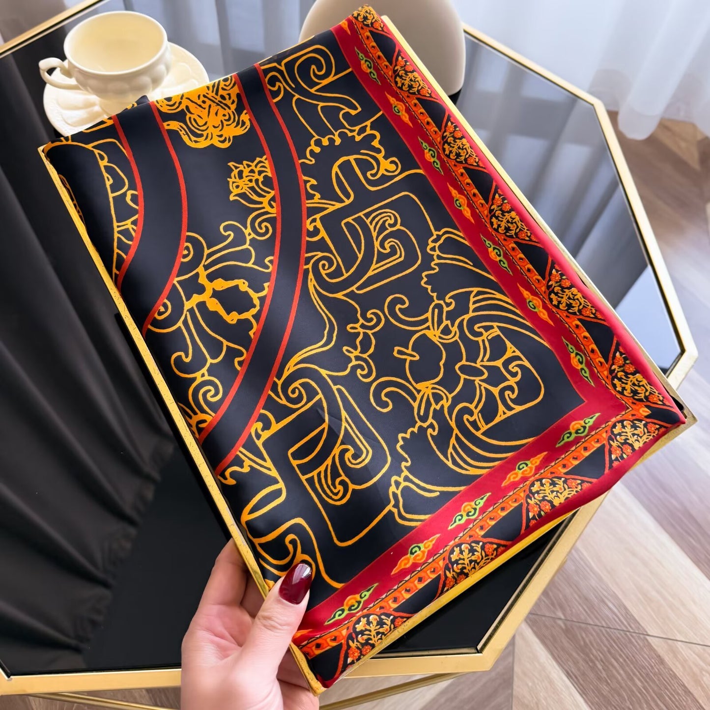 Retro ethnic style blessing character printing long silk scarf, simple and elegant temperament women's outer shawl, hand-in-hand gift silk scarf