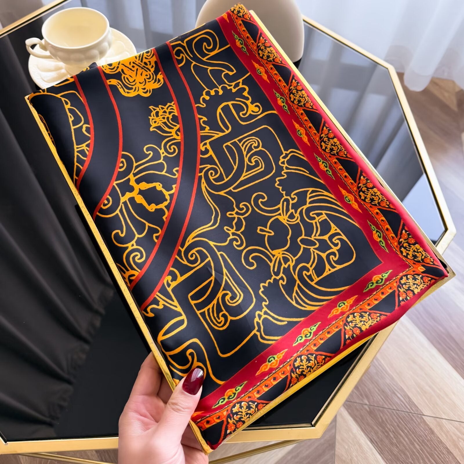 Retro ethnic style blessing character printing long silk scarf, simple and elegant temperament women's outer shawl, hand-in-hand gift silk scarf