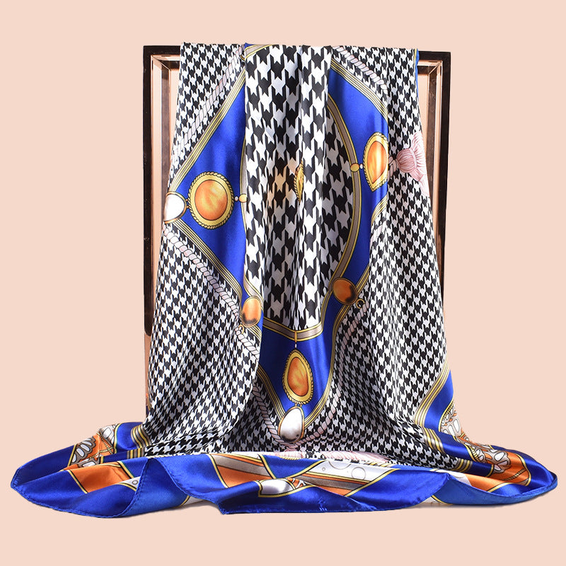 Spring new large shawl simulation silk thousand bird grid printing silk scarf head scarf 90-color diced large square scarf