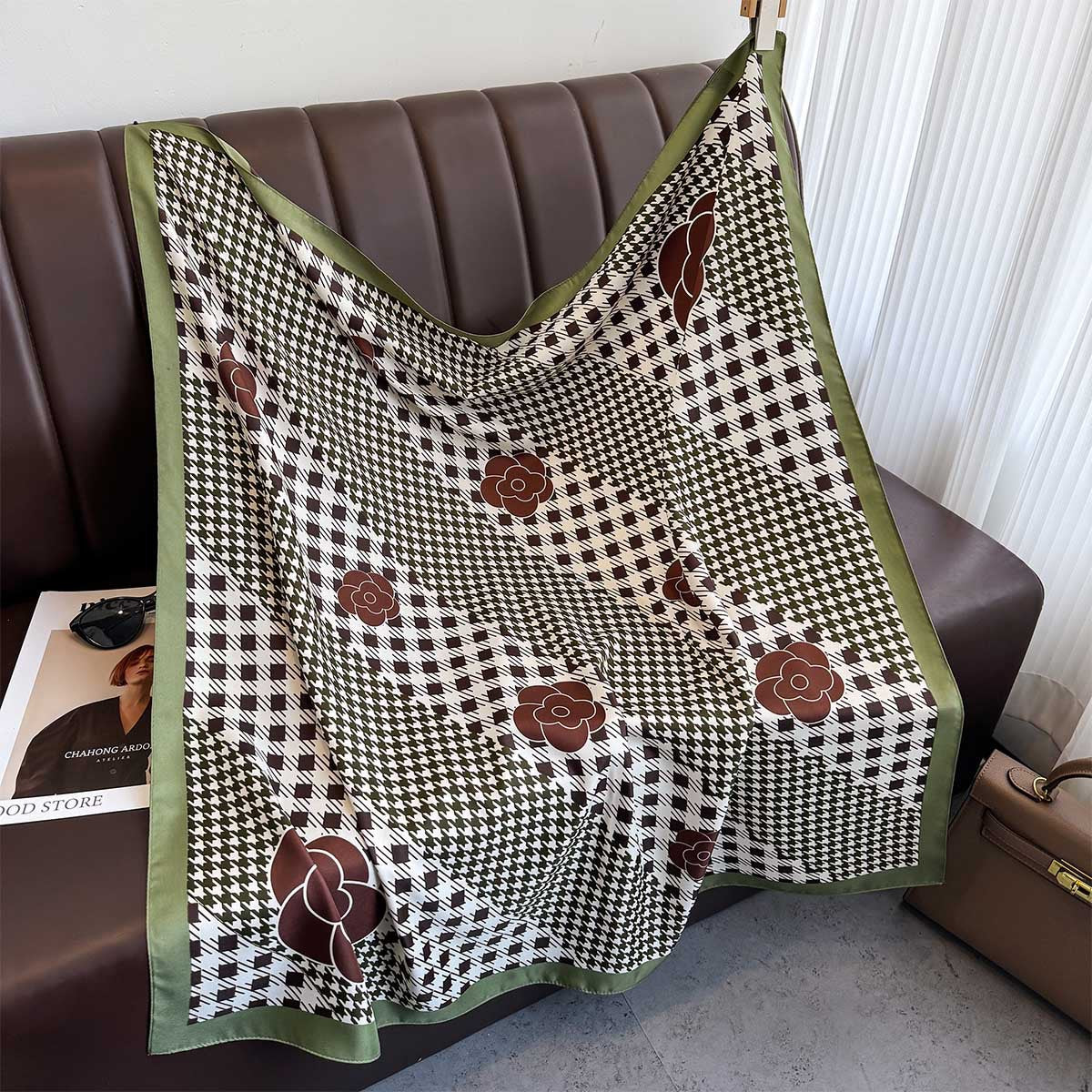 New Korean version plaid printing light luxury large square scarf spring and summer sunscreen silk scarf air conditioner warm shawl women