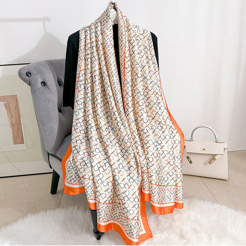 Simple, fashionable and versatile, colorful geometric lines, long silk scarves, travel and vacation sunscreen, thin shawl scarves.