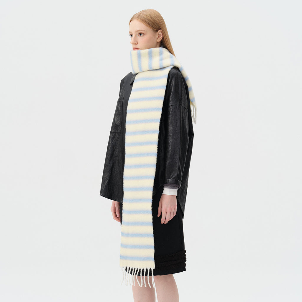 French designer 35% wool blended color striped scarf women's winter thickened atmosphere fringed scarf