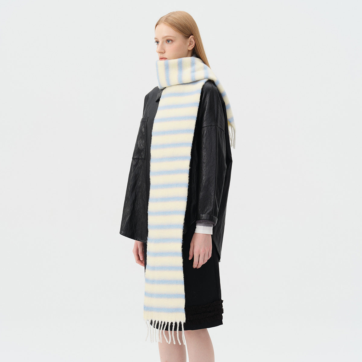 French designer 35% wool blended color striped scarf women's winter thickened atmosphere fringed scarf