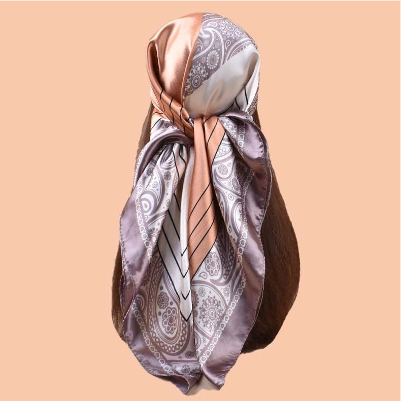 2025 new 90-satin color matching cashew nut flower printing square scarf with sunscreen, bag head silk scarf decoration, scarf