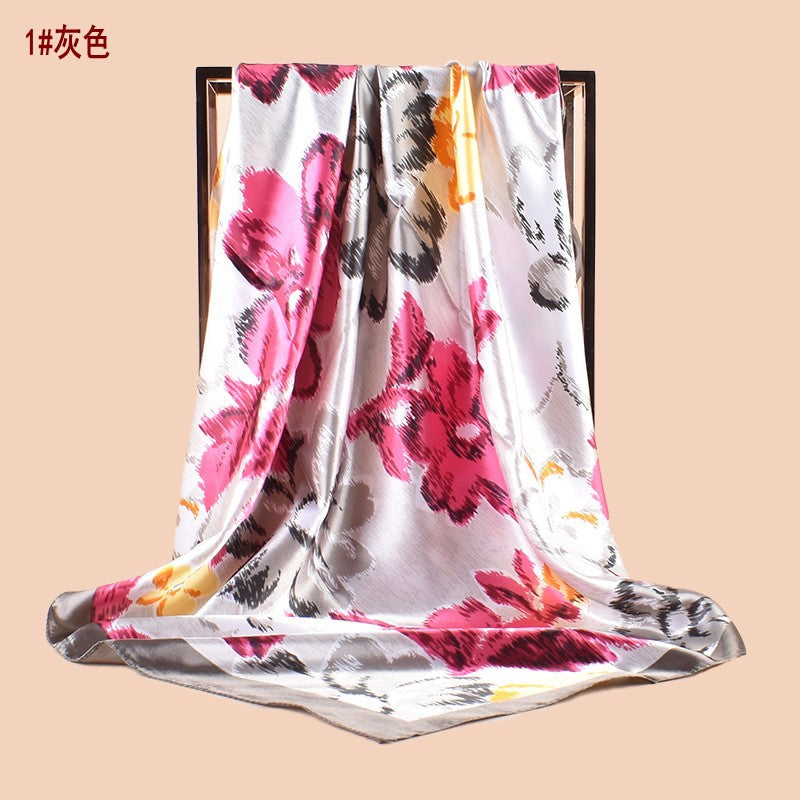 Spring new fashionable versatile large shawl imitation silk flower printing silk scarf head scarf 90-color square scarf