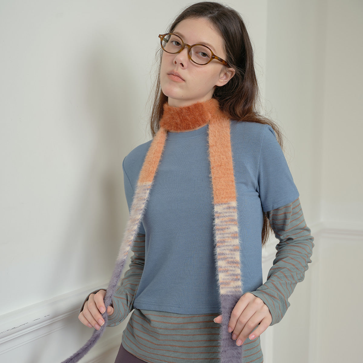 Niche gradual change imitation mink thin narrow long scarf female concave shape Spice girl color matching wool scarf y2k