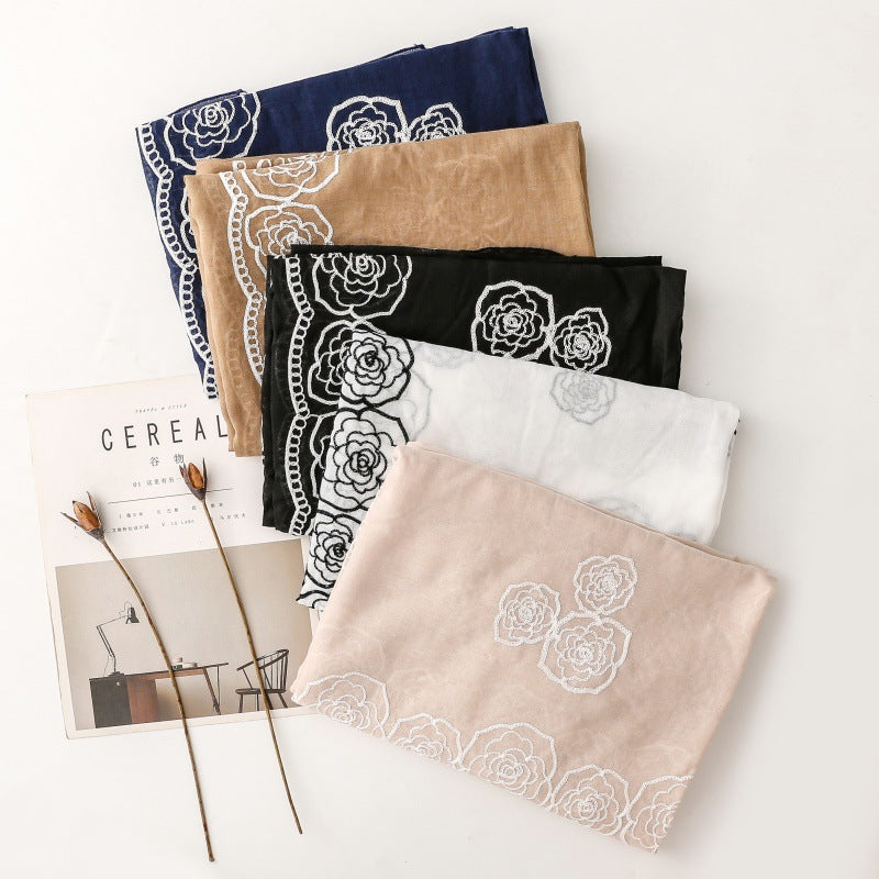 Solid color ethnic style embroidery embroidered scarf rose silk scarf travel shawl