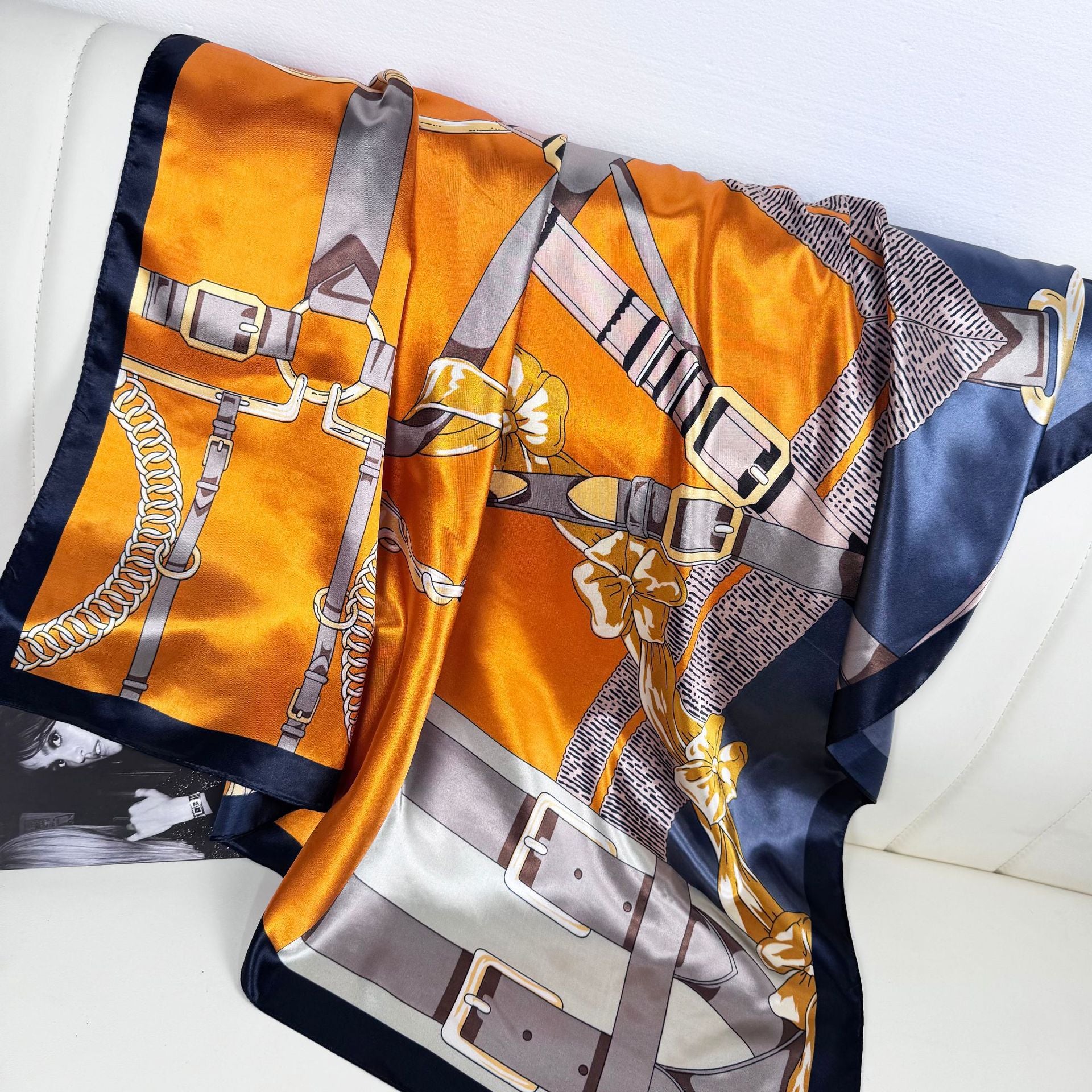 European and American fashion geometric line printed silk scarf, imitation silk satin 90 square scarf, Indonesian ethnic women's bag head scarf