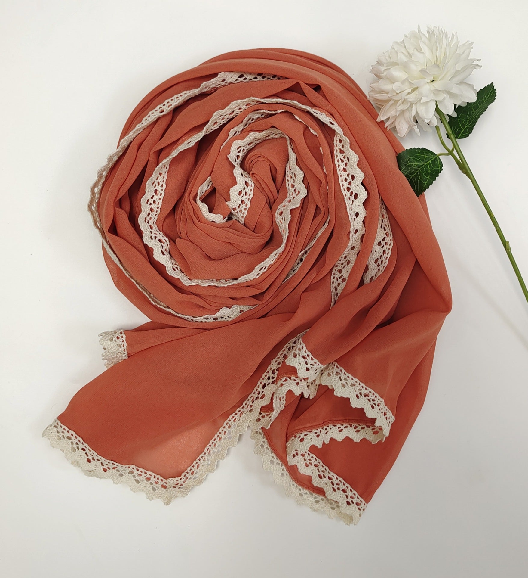 New ins fashion monochrome pearl chiffon lace fringed  scarf headscarf hijab