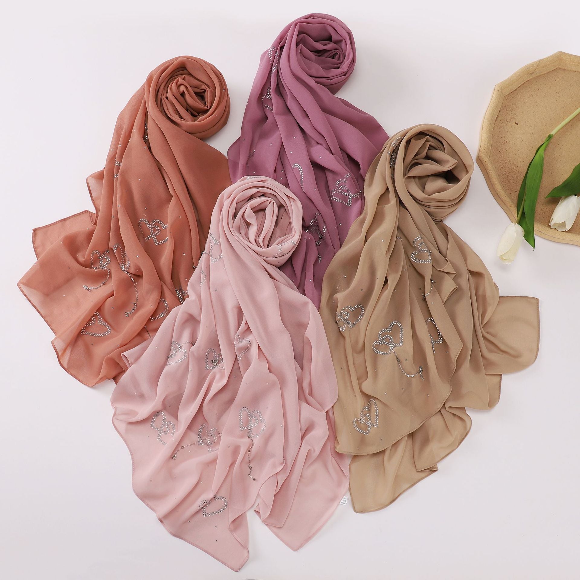 New pearl chiffon double love hot diamond hanging pendant long towel yarn Middle East Malay headscarf