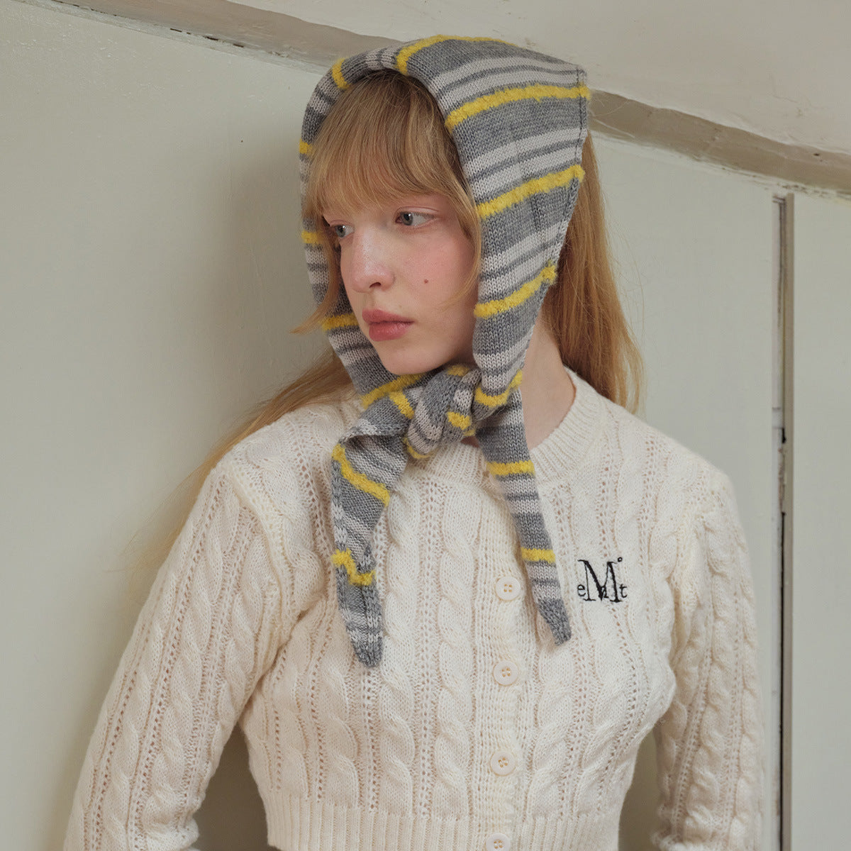 Designer wool blended cotton striped triangle scarf female cute fun knitted small scarf Korean scarf