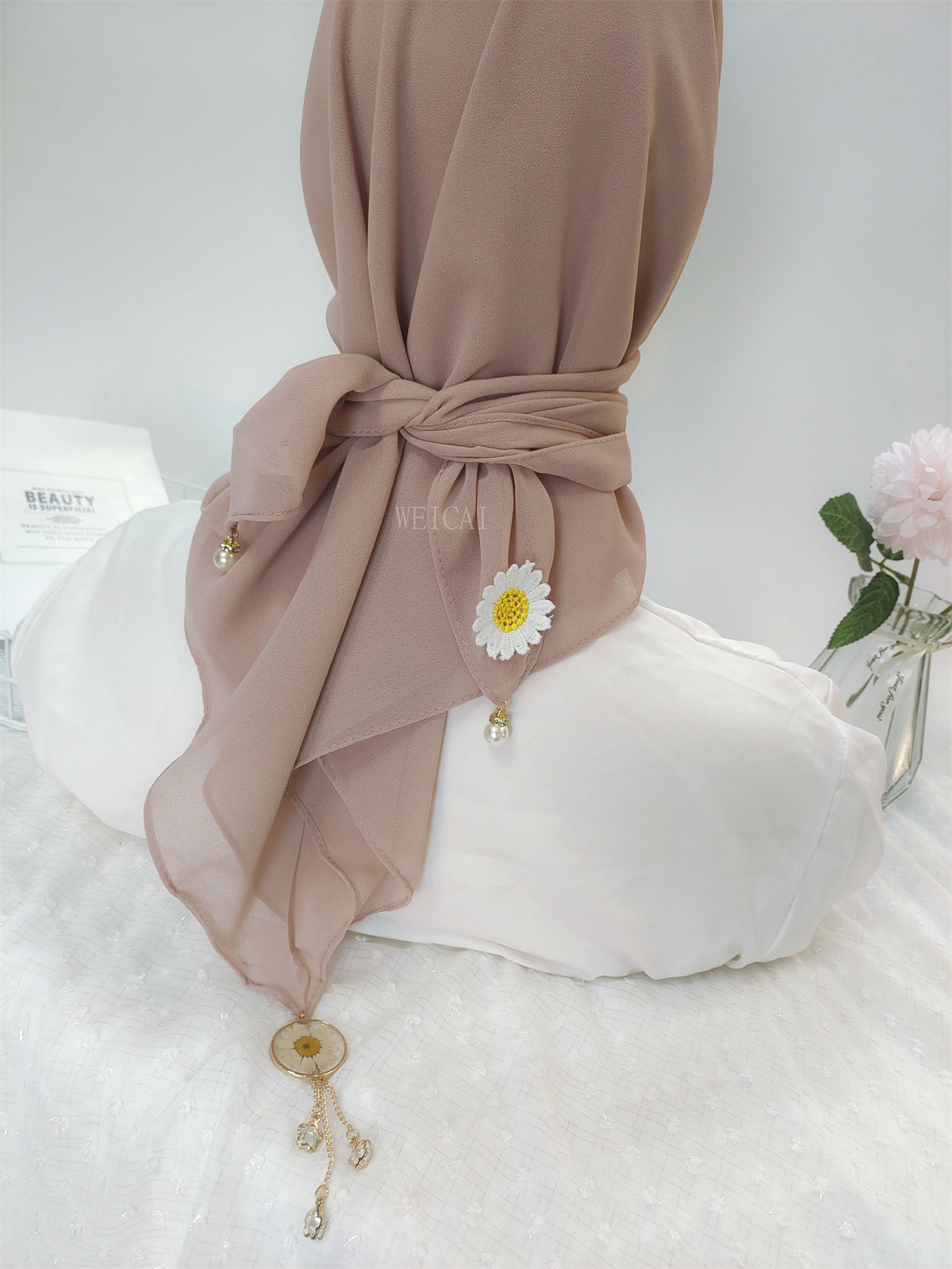 New solid color chiffon square scarf headscarf ins wind small daisy dried flower yarn hijab