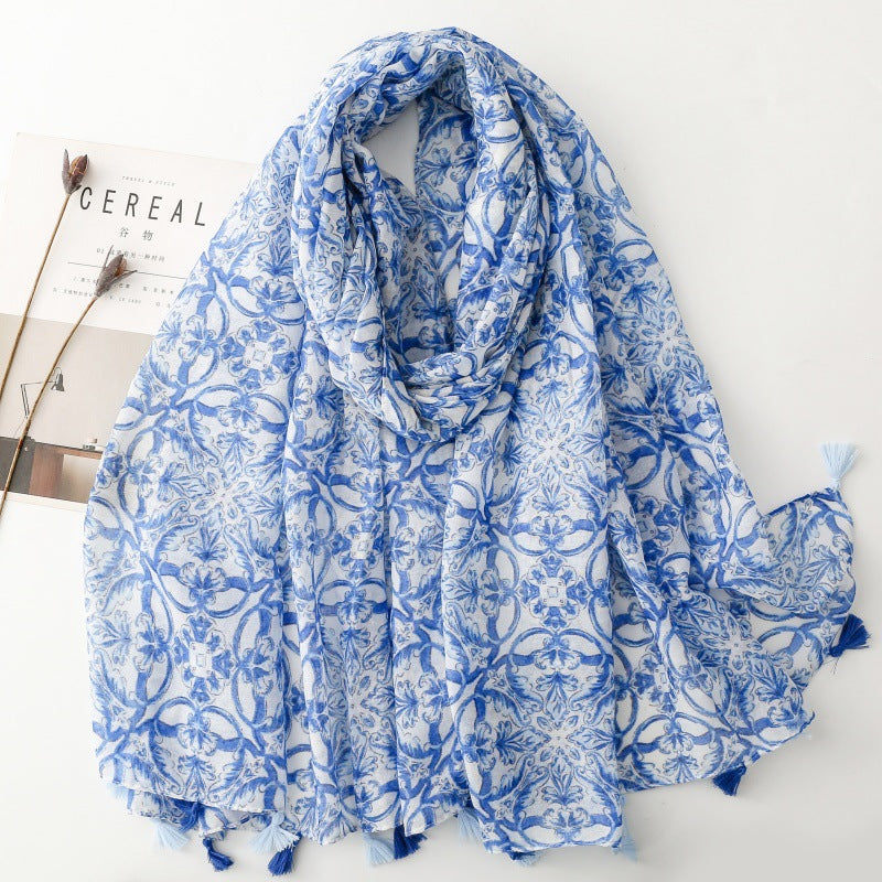 Bohemian exotic ethnic style blue blue and white porcelain geometric fringed shawl