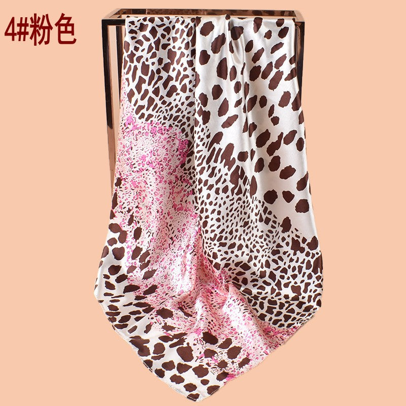 New 90cm-satin color matching size leopard print printed square scarf with sunscreen, bag head silk scarf decoration, scarf