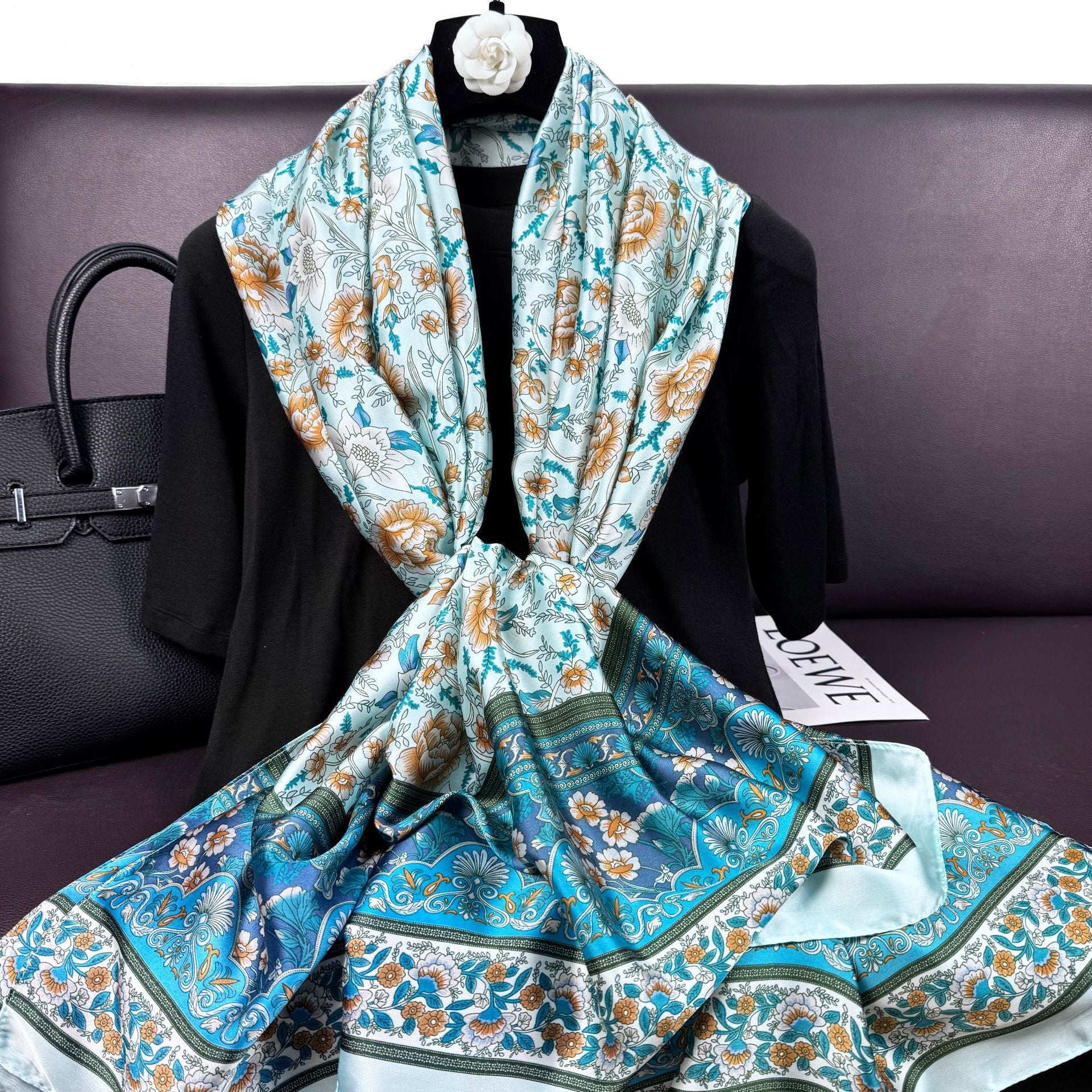 Simple and elegant plant flower brocade long silk scarf, literary small fresh imitation silk lady's outer shawl