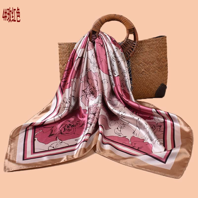 Spring and summer temperament big flower printing versatile decorative scarf headscarf silk scarf 90 high-quality satin large square scarf